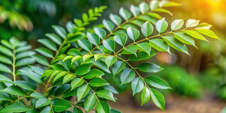 Asymmetrical Curry leaf Murraya koenigii plant in herb garden
