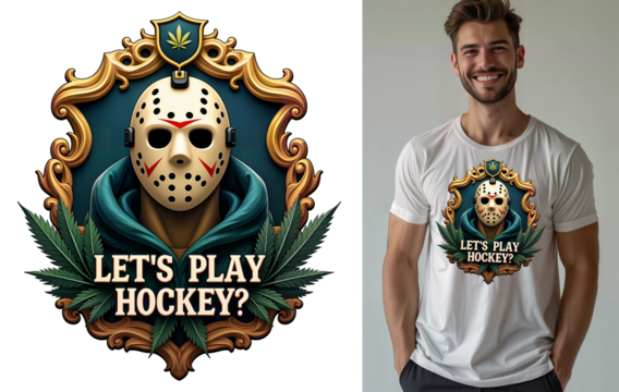 A bold design featuring a masked figure with the phrase 'Let's Play Hockey?' surrounded by leaves. Ideal for edgy apparel, fun party, and unique gifts for fans of horror