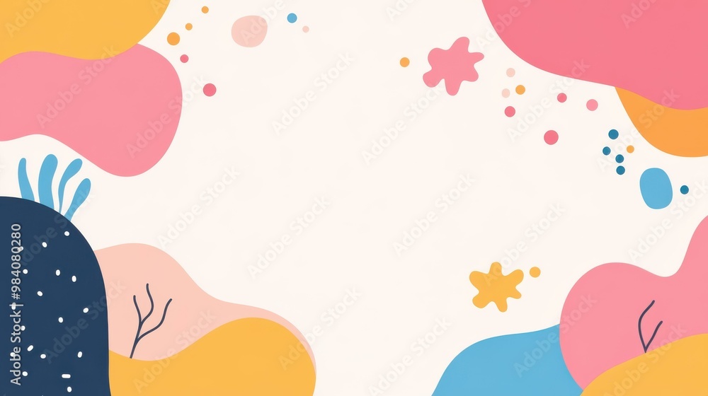 Poster vibrant modern flat art featuring dynamic blobs with playful pink shapes, creating a unique and eyec