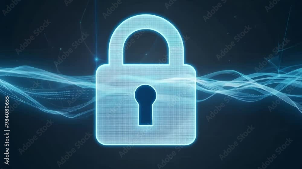 Poster A black padlock stands out against a dark background, with soft glowing blue wave patterns representing data security and digital privacy. The visual emphasizes protection.