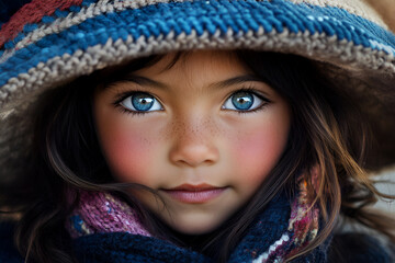 A girl wears a rainbow hat and scarf.