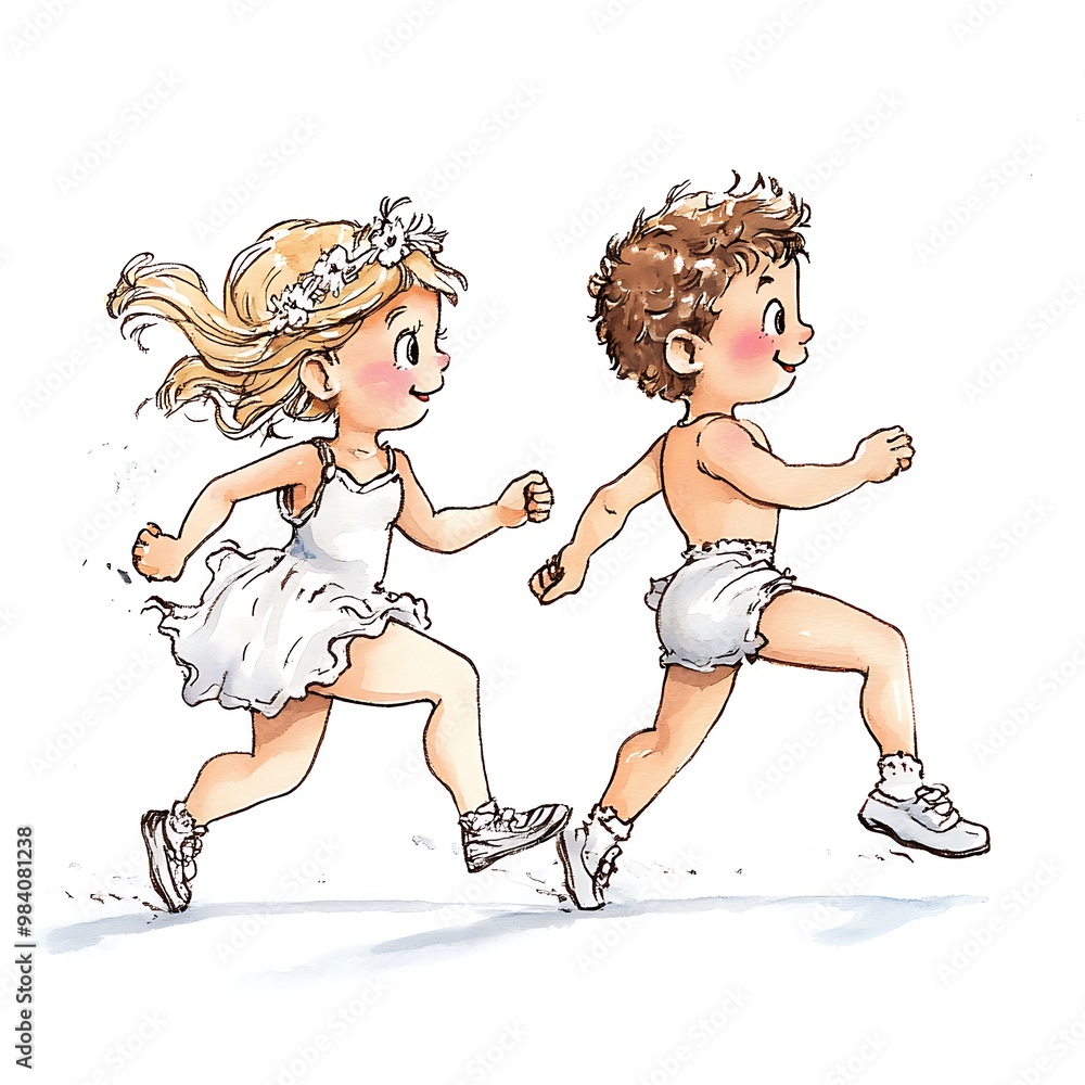 Sticker Happy Children Running Watercolor Illustration.