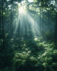 Obraz premium Sunlight Rays Through Lush Green Forest Canopy