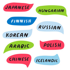 Set of most difficult languages. Banner design. Hand drawn illustration on white background.