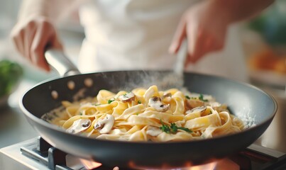 Professional chef cook making vegetarian Italian Tagliatelle pasta with mushrooms and cream , Generative AI