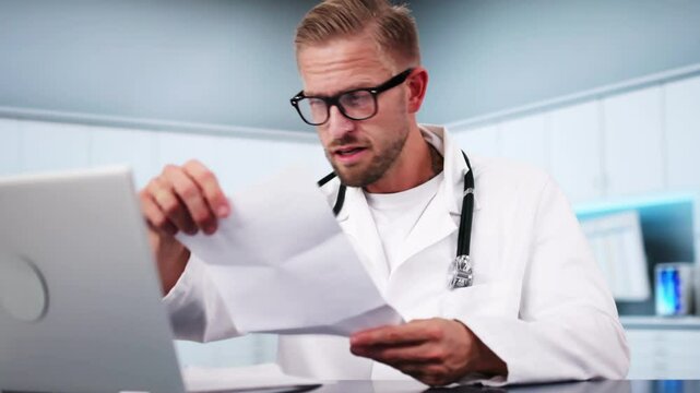 Shocked Medical Doctor Reading Document At Desk