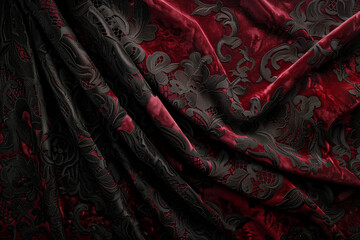 A rich red and black patterned silk fabric, adding a touch of royalty and elegance, perfect for high-end fashion or interior design.