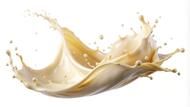 Asymmetrical milk splash in air with vanilla flavor isolated on white background