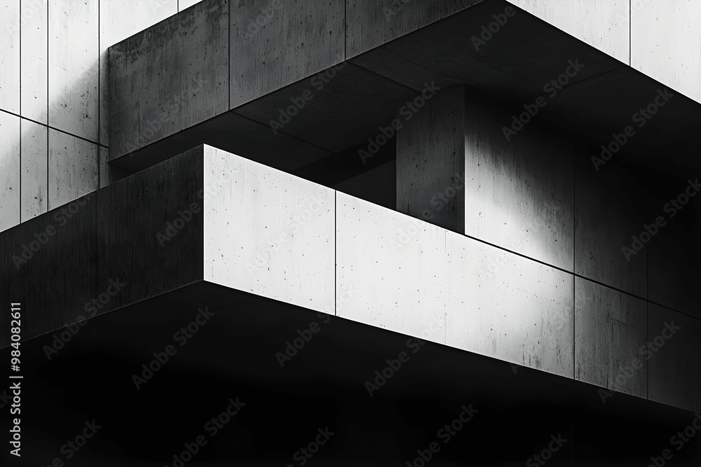 Poster modern concrete architecture showcasing layered forms and shadows