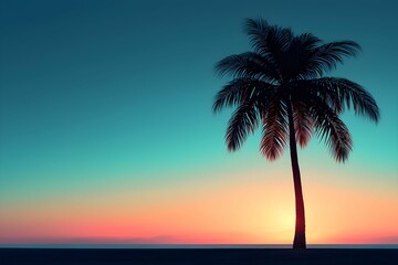 Obraz premium Silhouette of a palm tree against a colorful sunset over the ocean