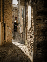 Narrow Cobblestone Alleyway in an Italian Village with Stone Buildings, Flower Pots, and Rustic Signs: A Serene Pathway Surrounded by Greenery and Historic Architecture.