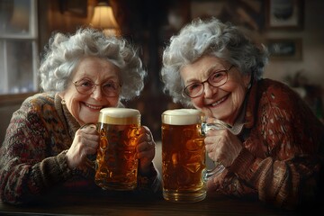 Old friends enjoying a cheerful moment over beers in a cozy pub