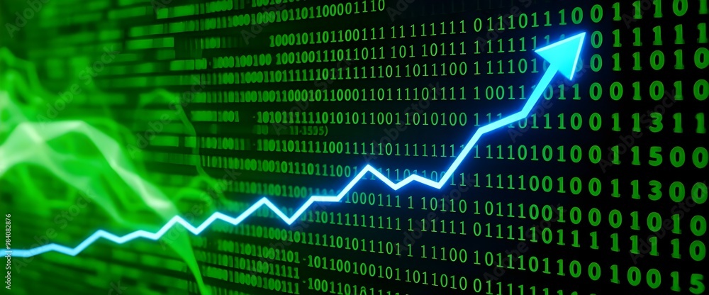 Poster a background filled with flowing binary code in shades of green, overlaid with a sharp, upward-trend