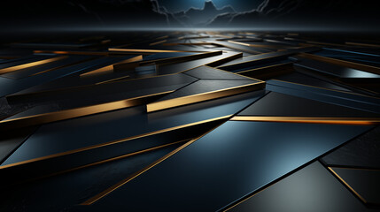 Dark gradient background in shades of navy and black, with elegant gold and silver lines forming abstract patterns, creating a luxurious and professional atmosphere for formal presentations 