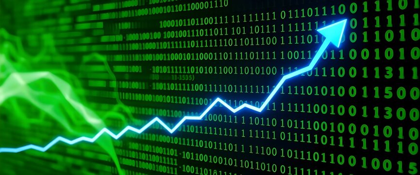 A background filled with flowing binary code in shades of green, overlaid with a sharp, upward-trending economic line chart.