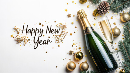 Christmas card design with bottle of champagne. New years eve celebration greeting card, holiday or birthday