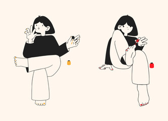 Set of cute woman doing manicure and pedicure. Trendy vector illustration.