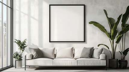 A white couch with a black frame and a white wall behind it