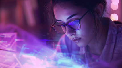Women in glasses reading html scripts, programming and cyber security research, plus data analytics and holograms of data.