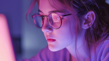 Women in glasses reading html scripts, programming and cyber security research, plus data analytics and holograms of data.