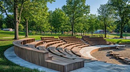 An outdoor amphitheater with curved wooden seating, nestled in a park setting for community events and performances