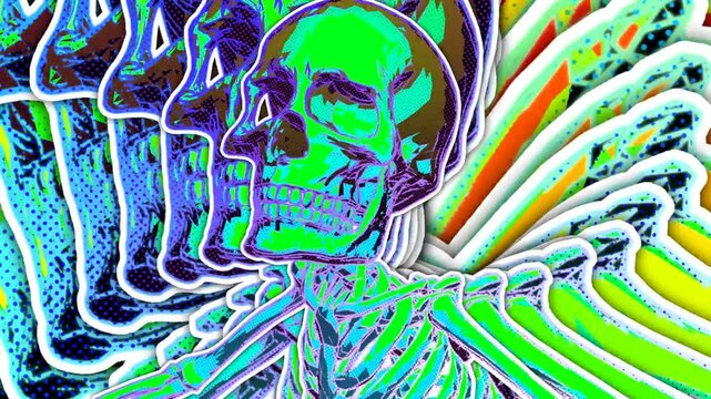 Seamless animation of a zombie walking skeleton with echo effect. Halloween background with cartoon illustration effect