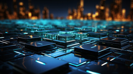 Futuristic background with glowing blue and green digital lines, circuit patterns, and abstract shapes, creating a high-tech feel, suitable for technology or innovation presentations 