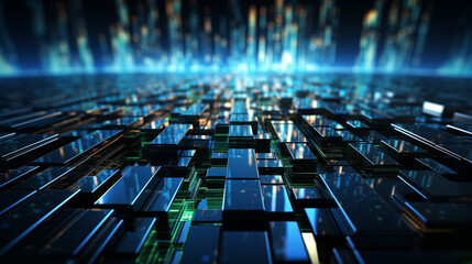 Futuristic background with glowing blue and green digital lines, circuit patterns, and abstract shapes, creating a high-tech feel, suitable for technology or innovation presentations 