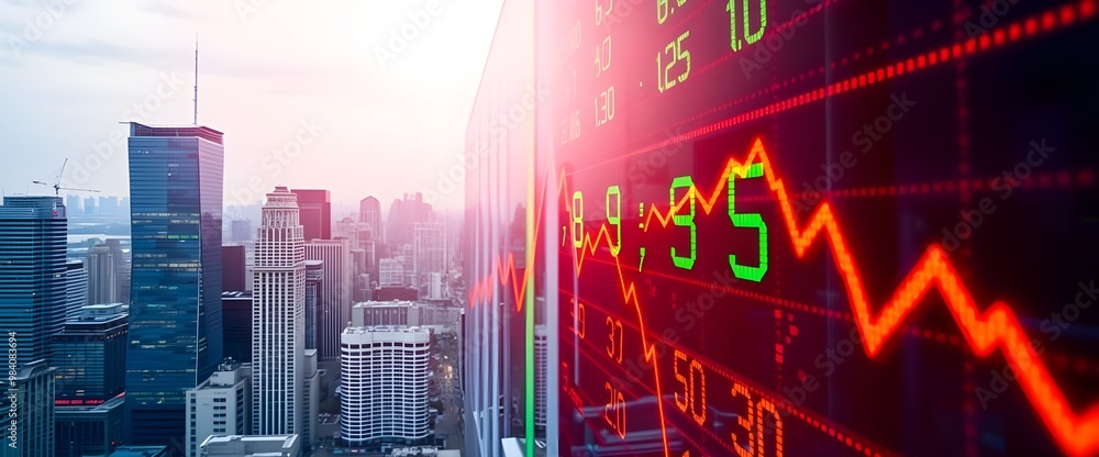 Poster a vibrant image of a digital stock market ticker running across the frame, displaying rising and fal