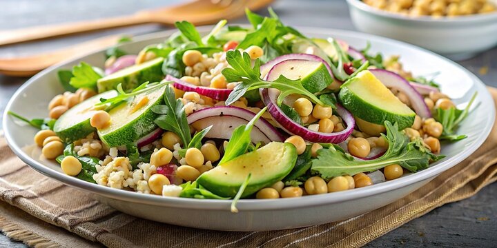 Asymmetrical racy salad with chickpea, arugula, pearl barley, onion, and avocado
