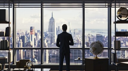 Powerful media mogul in grand office, overlooking city skyline, holding tablet with news headlines, surrounded by globe and awards, exuding authority and influence.