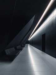 A long, narrow hallway with a few benches along the wall