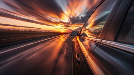 Lone car driving on deserted highway at sunset, road stretching into horizon with golden light reflecting off hood, sharp silhouette against vibrant sky, emphasizing solitude and freedom.