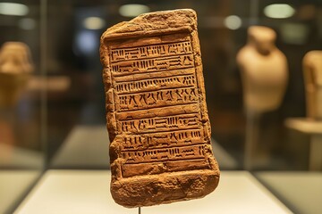 Ancient clay tablet with cuneiform inscriptions on display in museum