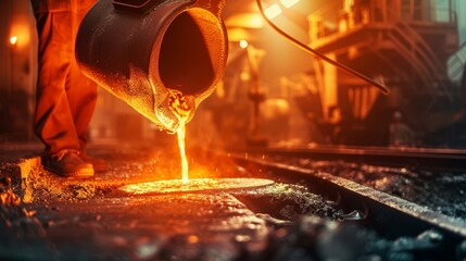 Foundry worker pouring molten metal into mold, capturing intense heat and precision of metalworking process with glowing liquid metal contrasting against dark industrial background.