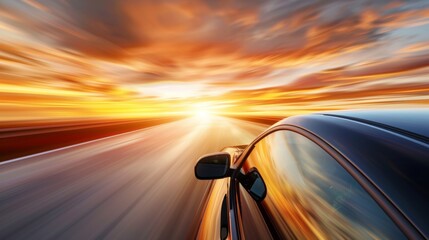Lone car driving on deserted highway at sunset, road stretching into horizon with golden light reflecting off hood, sharp silhouette against vibrant sky, emphasizing solitude and freedom.