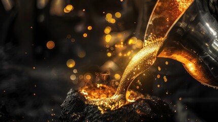 Foundry worker pouring molten metal into mold, capturing intense heat and precision of metalworking process with glowing liquid metal contrasting against dark industrial background.