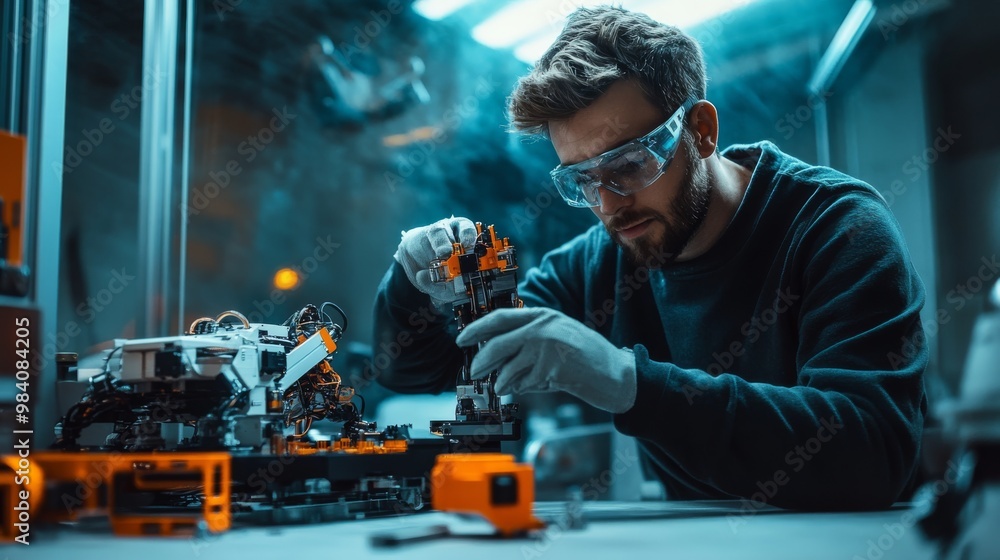 Poster a focused technician assembles a robotic device in a modern workshop, highlighting precision and inn