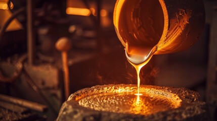 Foundry worker pouring molten metal into mold, capturing intense heat and precision of metalworking process with glowing liquid metal contrasting against dark industrial background.