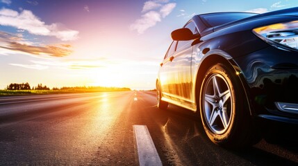 Lone car driving on deserted highway at sunset, road stretching into horizon with golden light reflecting off hood, sharp silhouette against vibrant sky, emphasizing solitude and freedom.