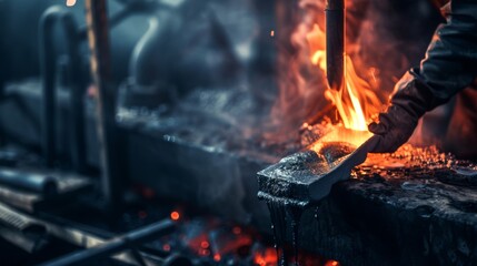 Foundry worker pouring molten metal into mold, capturing intense heat and precision of metalworking process with glowing liquid metal contrasting against dark industrial background.