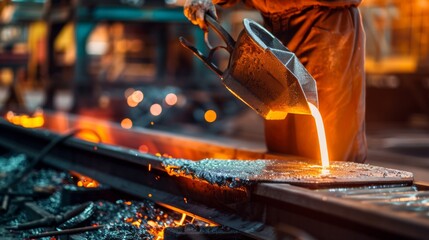 Foundry worker pouring molten metal into mold, capturing intense heat and precision of metalworking process with glowing liquid metal contrasting against dark industrial background.