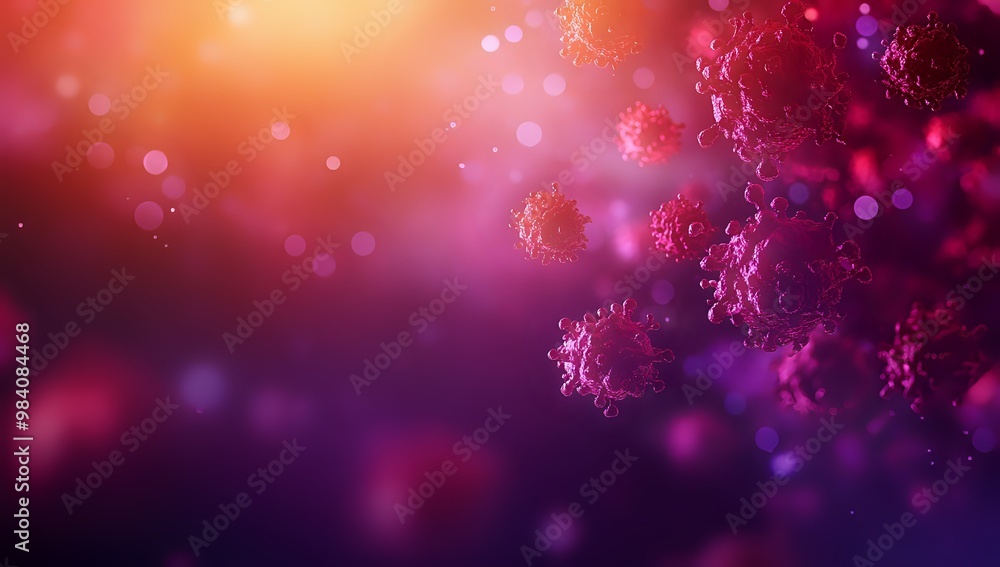 Poster abstract 3d rendering of virus particles in a pink and purple background, with bokeh effect.
