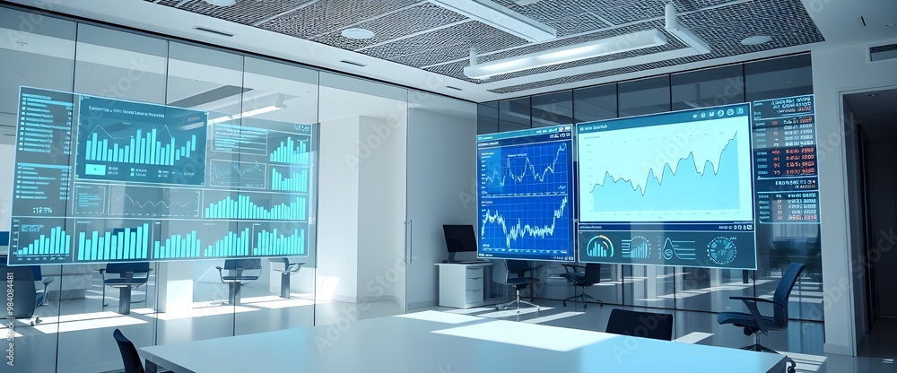 Poster a sleek office setting with transparent digital screens displaying business analytics, graphs, and s