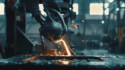 Foundry worker pouring molten metal into mold, capturing intense heat and precision of metalworking process with glowing liquid metal contrasting against dark industrial background.