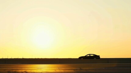 Lone car driving on deserted highway at sunset, road stretching into horizon with golden light reflecting off hood, sharp silhouette against vibrant sky, emphasizing solitude and freedom.