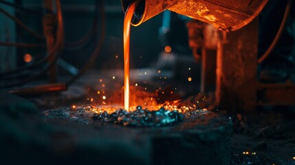 Foundry worker pouring molten metal into mold, capturing intense heat and precision of metalworking process with glowing liquid metal contrasting against dark industrial background.
