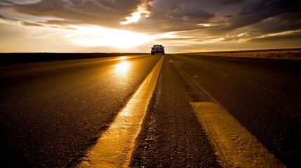 Lone car driving on deserted highway at sunset, road stretching into horizon with golden light reflecting off hood, sharp silhouette against vibrant sky, emphasizing solitude and freedom.