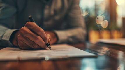 Confident businessman signing a contract, surrounded by financial documents, symbolizing price guarantees and business security.