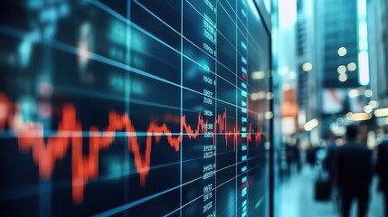 A stock market screen displays red and green numbers, a financial graph on a digital display, with blurred business people in the background